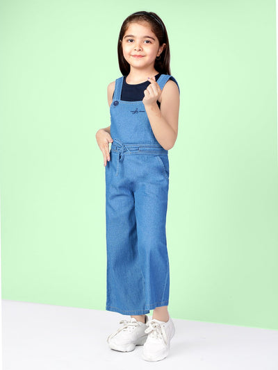 Girls Cotton Solid Dungaree with T-Shirt